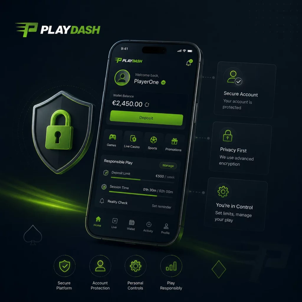 PlayDash mobile account with security and responsible play controls